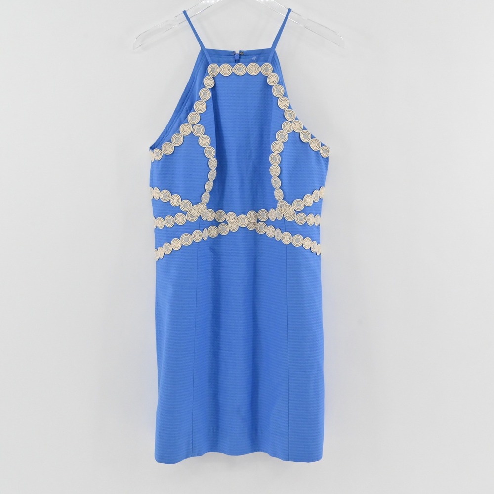 Lilly Pulitzer Pearl Shift Dress Womens Size 14 Bennet Blue Gold Soutache Halter